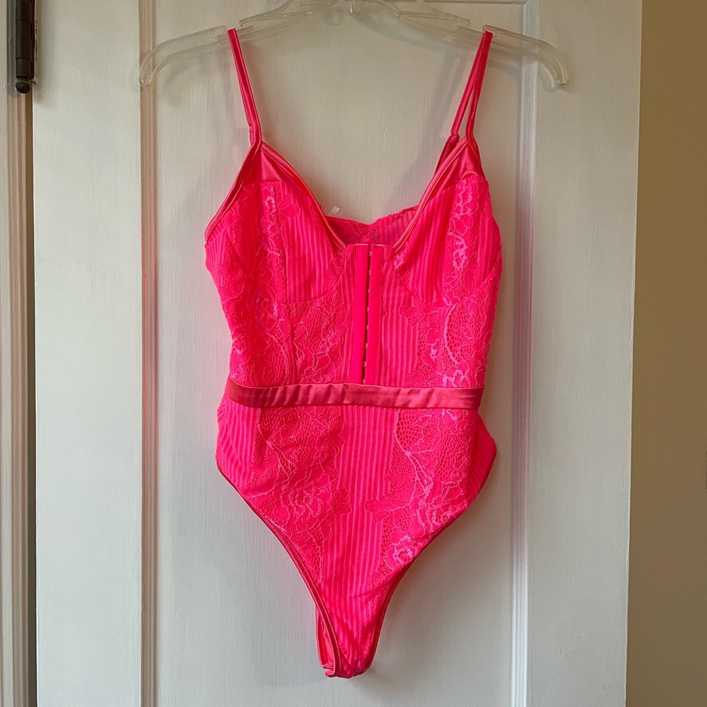 NWT Neon Pink Corset Thong Bodysuit